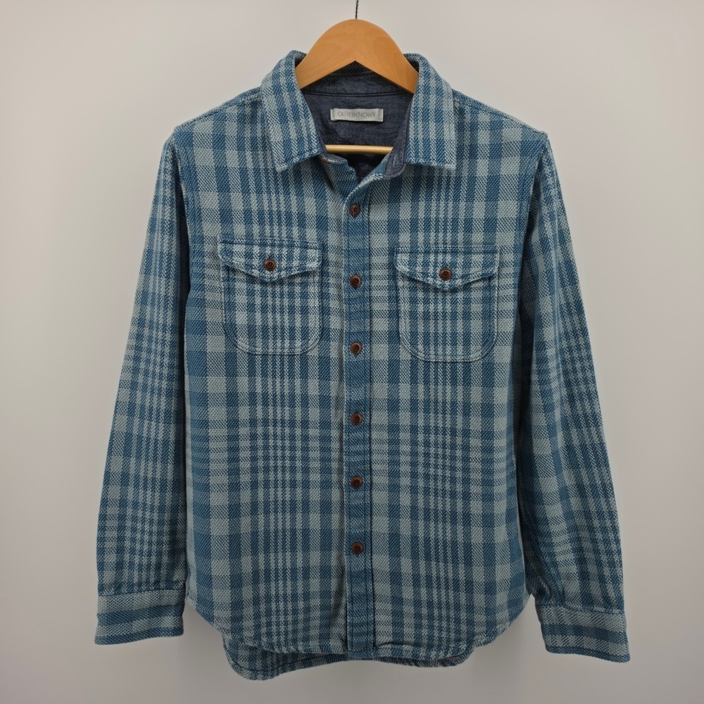 Outerknown Blanket Shirt Mens Medium Blue Plaid Organic Cotton Flannel Button Up